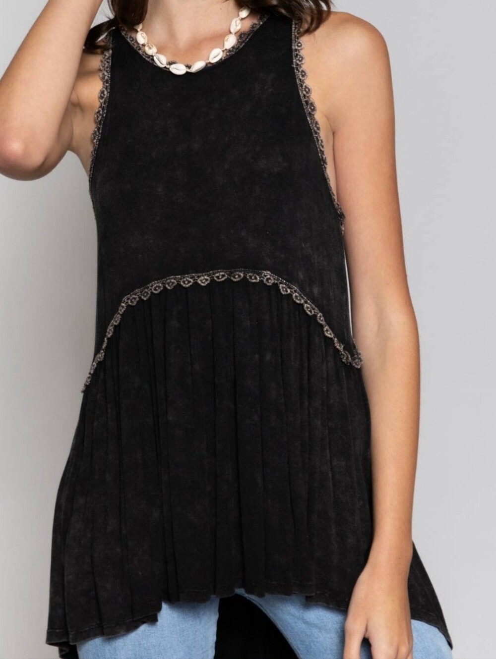 POL- Bohemian Stonewashed Black Babydoll Tank Top Sz S